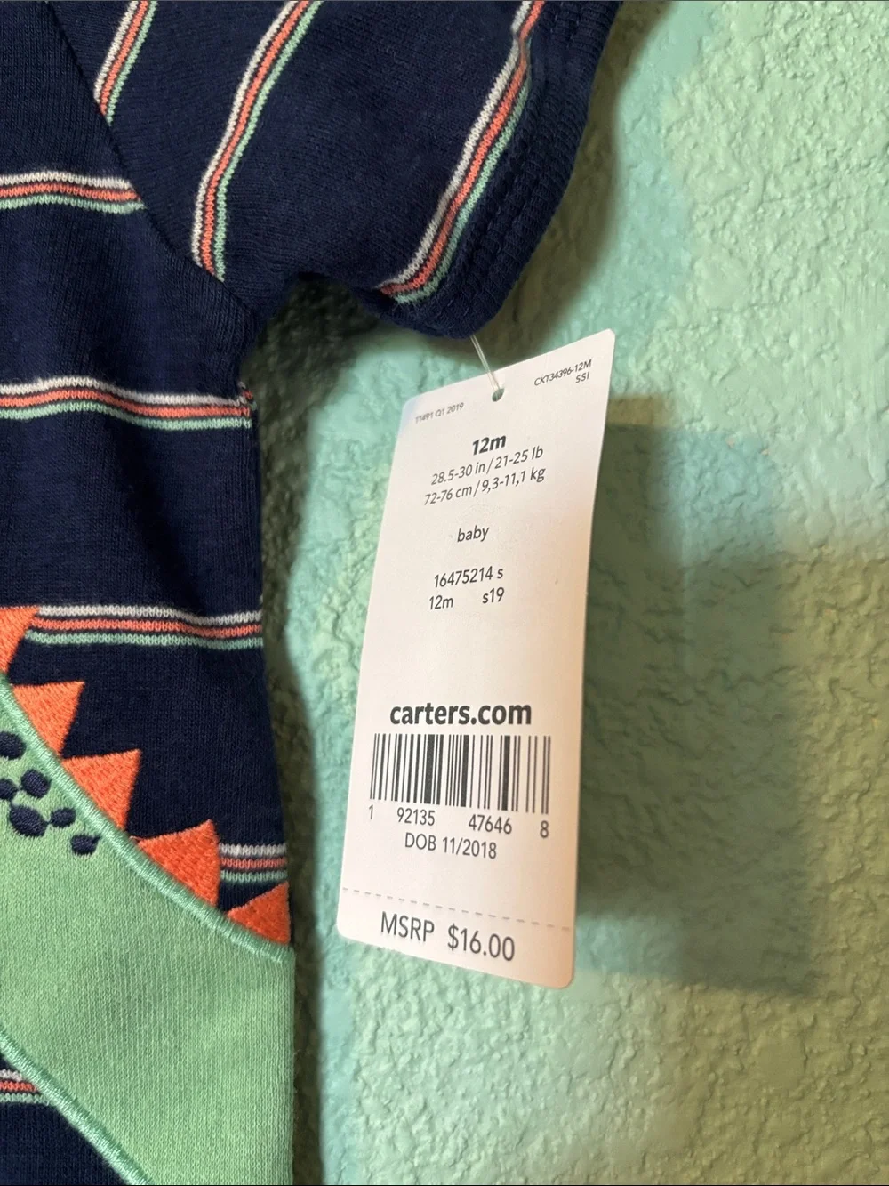 Carter's Baby Navy and Coral Striped Short Sleeve Romper Green Dino 12 mos NWT
